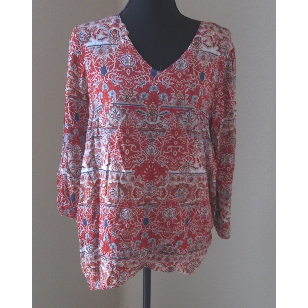 ONE WORLD WOMENS BOHO 3/4 LENGTH SLEEVE TOP SIZE SMALL IN SHADES OF ORANGE/BROWN